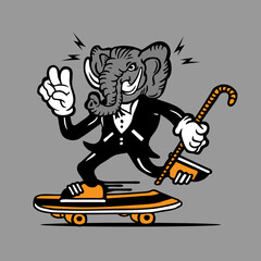 Skateboarding Elephant in Tuxedo Mascot Character Design Hand Drawing Vector