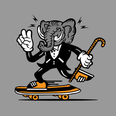 Naklejka premium Skateboarding Elephant in Tuxedo Mascot Character Design Hand Drawing Vector