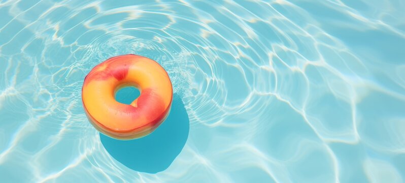Summer holiday concept - Abstract blue ripped swimming pool water background texture with peach fuzz, peach fruit swimming pool ring float, top view