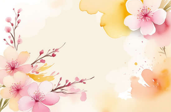 Sakura flowers in watercolor technique. Floral wallpaper design with sakura flowers on a background of pastel colors. Botanical illustration, space for description. Suitable for cover, postcard