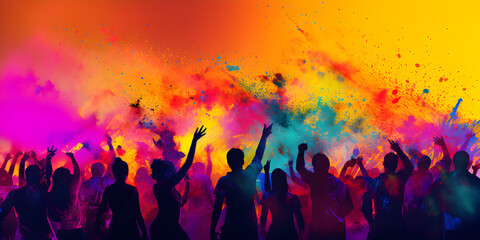 Illustration of a crowd of people at colorful holi festival celebration  - obrazy, fototapety, plakaty