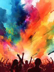 Illustration of a crowd of people at colorful holi festival celebration 