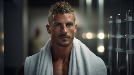Obraz premium Man after shower with hygiene, towel and beauty
