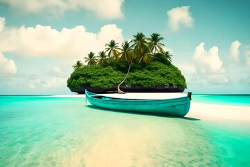**a canoe resting on a tropical sandy beach, portraying a stunning summer landscape of a tropical...