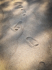 Fototapeta na wymiar Sand Texture with Human Footprints Along a Summer Beach Shoreline