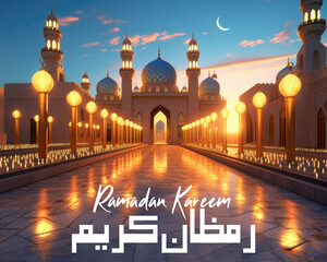 Fototapeta na wymiar Ramadan Kareem Arabic Calligraphy with lanterns and islamic decorations