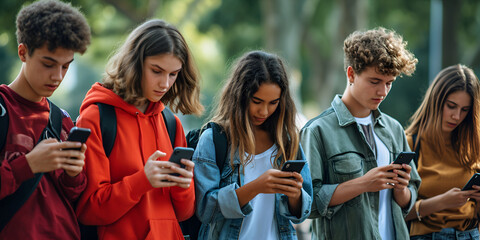 Group of young people using smart mobile phone device outside - Teenagers addicted to social media - College students watching smartphone in university campus - Modern technology concept,  - obrazy, fototapety, plakaty