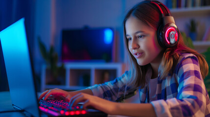 Garota gamer jogando no computador com emoções 