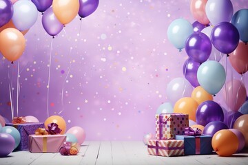 colorful balloons on a purple background with gifts