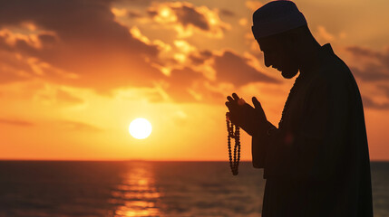 Muçulmano rezando e ao fundo o mar e por do sol - Papel de parede 