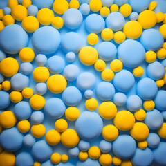 yellow and light blue balls of different sizes, yellow and blue balls, surface made of blue and straw-colored balls