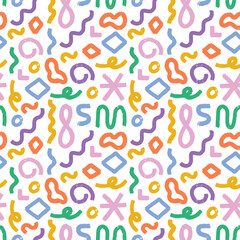 Abstract seamless colorful inky pattern of hand drawn doodle curved line elements. Scandinavian design style. Vector illustration for textile, backgrounds etc