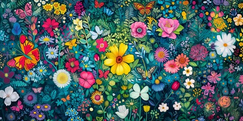 Enchanted Garden: A Luminous Floral and Fauna Illustration with Central Illuminated Bloom - obrazy, fototapety, plakaty