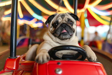 Fototapeta na wymiar Furry Chauffeur: Pug's Selfie Stick Cruise