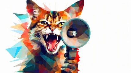 Funny cat holds loudspeaker in its paws and screams, creative idea. Business and management,...