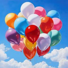 A bunch of colorful balloons in the sky among the clouds