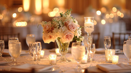 The wedding bouquet on the table is an exquisite and elegant accessory that adds luxury and romance to the wedding space. - obrazy, fototapety, plakaty