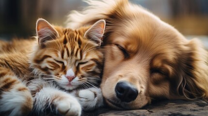 Naklejka na ściany i meble Funny ant cute dog and cat sleeping together