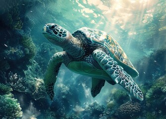 Fototapeta premium sea turtle with a group of colorful fish and colorful corals underwater in the ocean