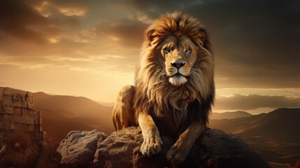 Lion portrait in evening light, cinematic