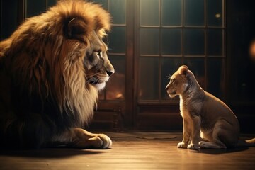 Lion looking at small baby lion