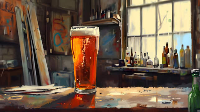 Lo-fi illustration of beer pint on a table inside an art paintor workshopDrinks.