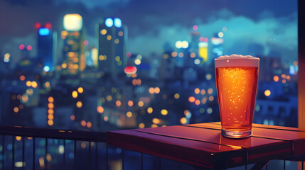 Lo-fi illustration of beer pint on a table in a rooftop at night. City skylineDrinks.
