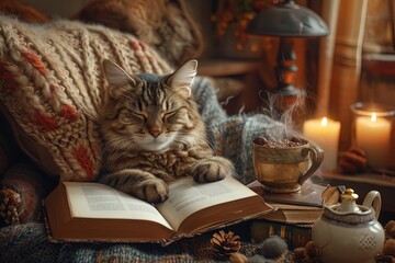Cat Enthusiast Reading a Book in a Cozy Corner