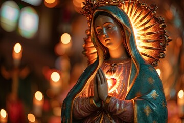 Lady of Guadalupe's exposed heart, radiating with a warm, golden glow - obrazy, fototapety, plakaty