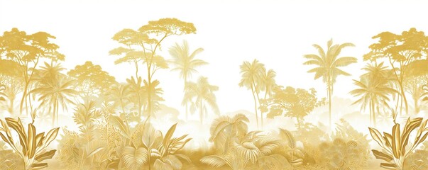 Golden Jungle Illustration: Exotic Wildlife and Foliage Line Art on White Background - obrazy, fototapety, plakaty