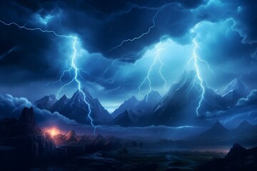 Dramatic stormy night sky with lightning bolts over mountain landscape. Flashes of light from thunder and lightning. 3D illustration. Generative AI