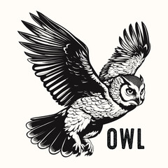 Hand Drawn Flying Owl Engraved Vintage style
