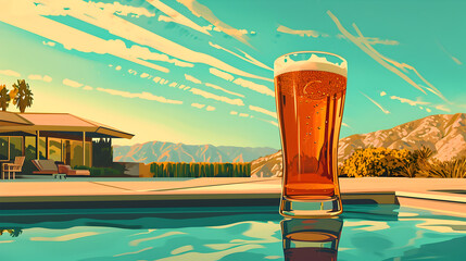 Lo-fi illustration of beer pint on a poolside in a malibu house. Drinks.