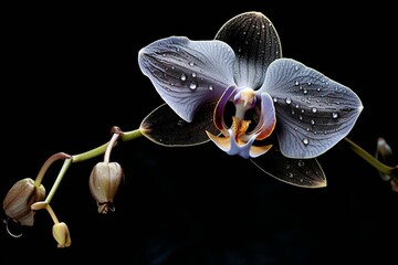 Exquisite black orchid blooming alone against a dark backdrop. Generative AI