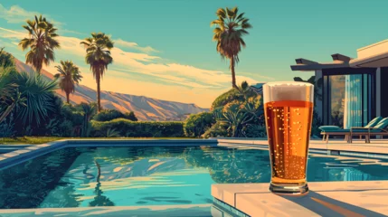 Foto op Canvas Lo-fi illustration of beer pint on a poolside in a malibu house. Drinks. © MadSwordfish