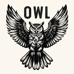 Hand Drawn Owl Engraved Vintage style one color