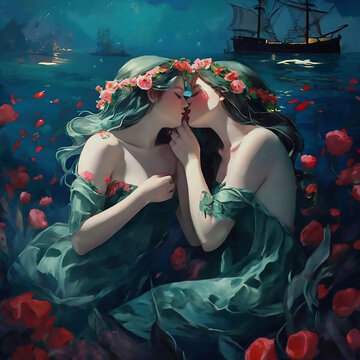Portrait of two beautiful mermaids with flower wreaths on their heads kissing each other under the sea. Fantastic poetic underwater illustration	