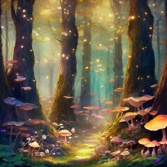 Fantasy and fairytale magical forest with  mushrooms, purple and cyan light lighting pathway
