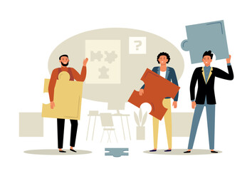 Teams working on project. Colleagues holding puzzles, office workers collaborating together. People cooperating and brainstorming