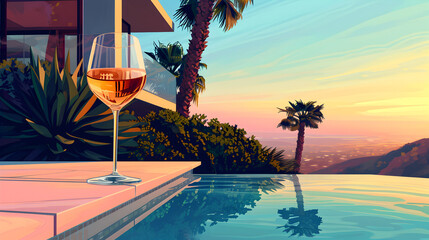 Lo-fi illustration of wine glass on a poolside in a malibu house. Drinks.