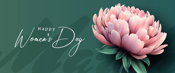 Happy Women's Day. Congratulations on Women's Day. Pink peony bud on a green background. Template for the design of a banner, advertisement, flyer or postcard.