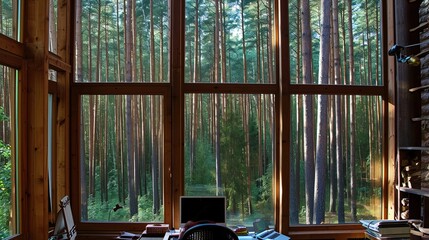 Remote work without external stimuli. Laptop on the desktop of a country house. A secluded place in...