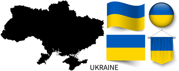 The various patterns of the Ukraina national flags and the map of the Ukraina borders