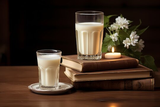 A glass of milk placed next to a stack of vintage books, representing comfort and relaxation.