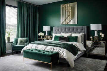 Emerald bedroom interior with walls, double bed with pillows and bedside table - obrazy, fototapety, plakaty