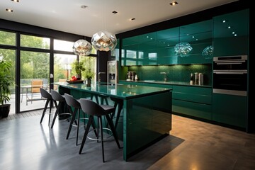 Modern luxury kitchen interior design with green marble countertop, sink and island - obrazy, fototapety, plakaty