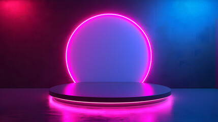 A podium with a neon light background. The podium displays products with neon circles and a smoky effect on a dark background, creating a vibrant neon glow.