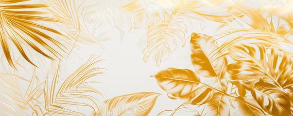 Fototapeta na wymiar Golden Jungle Elegance: Hand-Drawn Tropical Patterns on a White Background - Wallpaper Design
