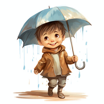 cute boy are playing in the rain