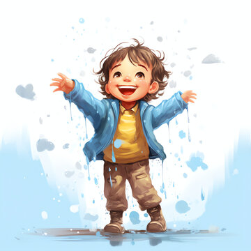 cute boy are playing in the rain